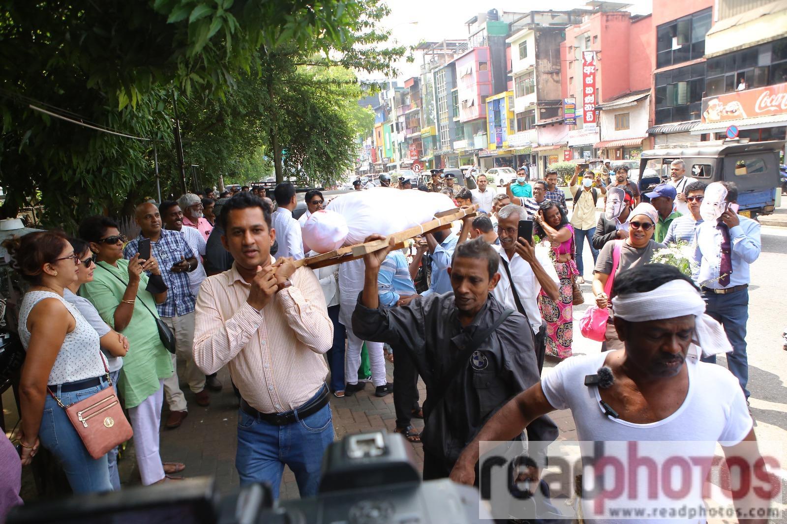 A protest demanding the arrest of Minister Keheliya